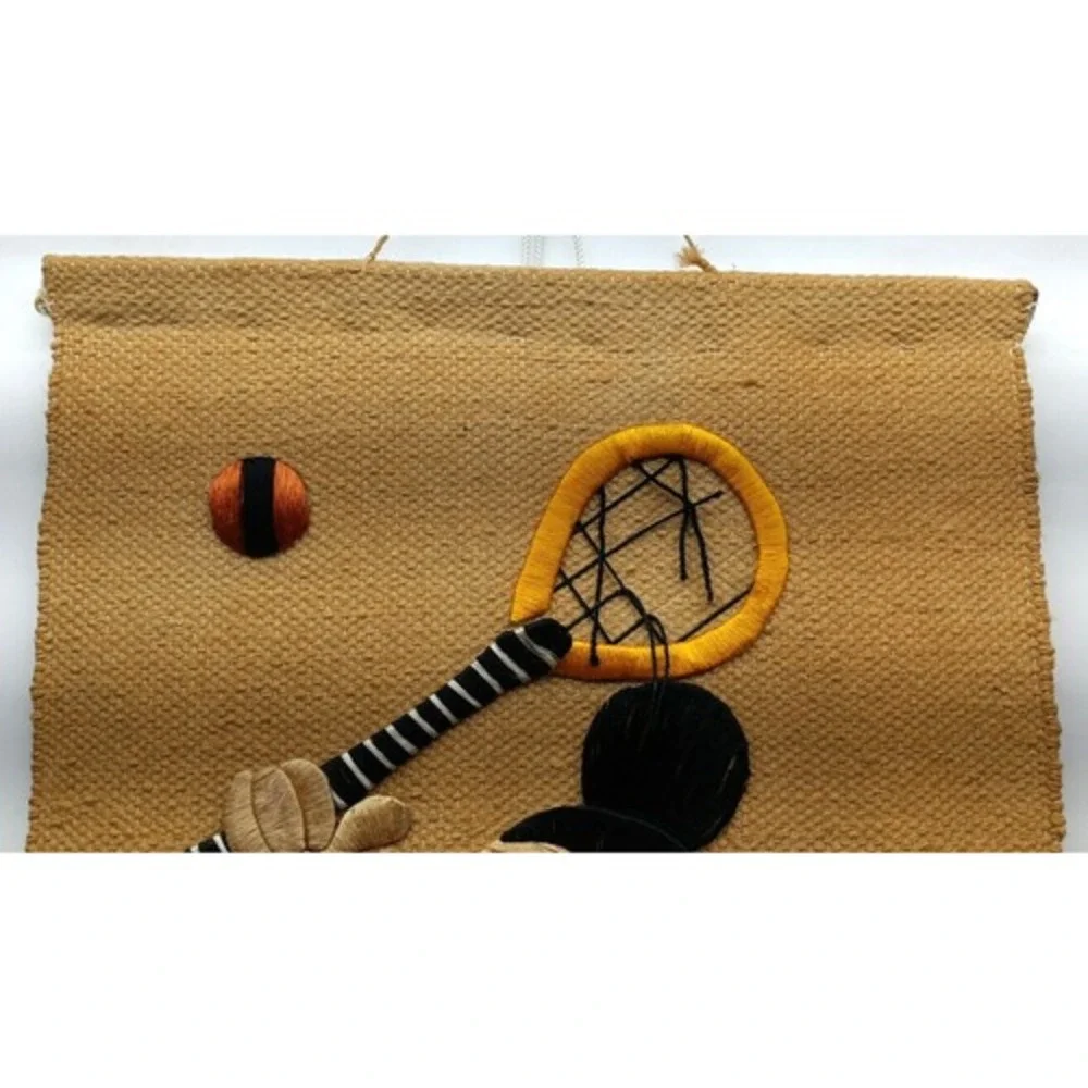 MICKEY MOUSE Woven Burlap Vintage‎ Wall Hanging Tapestry Embroidery Plays Tennis